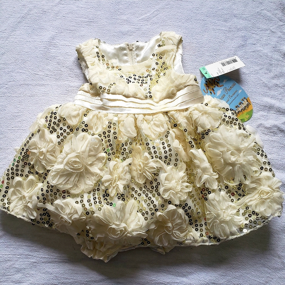 NWT Ivory Floral Sequin Dress & Diaper Cover 3-6M
